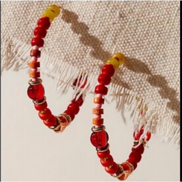 Free People Jewelry - Free People Panama Beaded Hoop Earrings – Gold/Multicolor, Boho, Oversized NWT